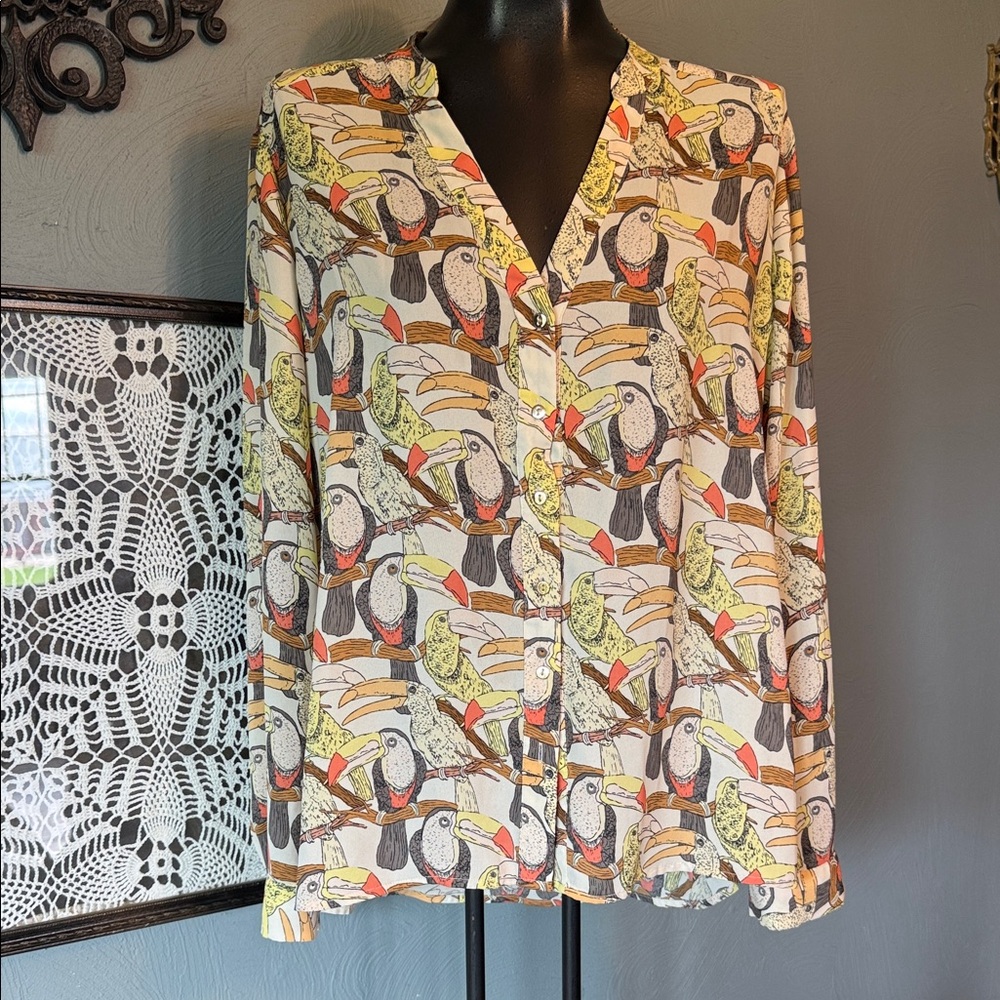 Alfani Toucan Print Button-Front Blouse in White, Yellow, Orange, Black